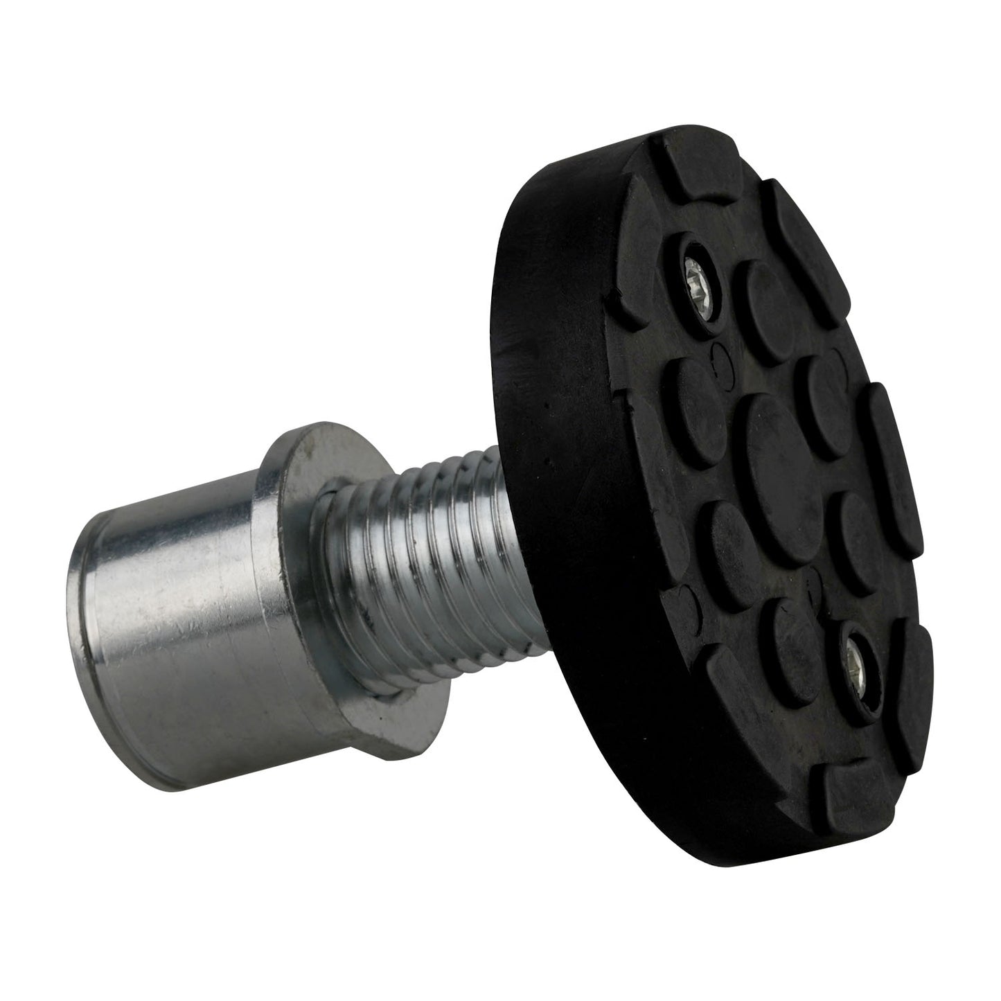 Side view of a screw pad for TLD4.0BP 2 post hoist with a silver base and thread. The black rubber pad on top is clearly visible with grooves for secure lifting.