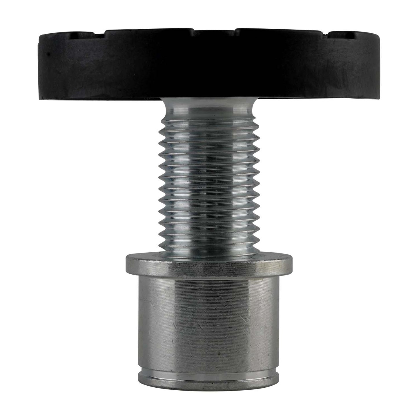 TLD4.0BP drop in screw pad standing upright. The thread is silver with a black rubber pad on top for secure lifting.