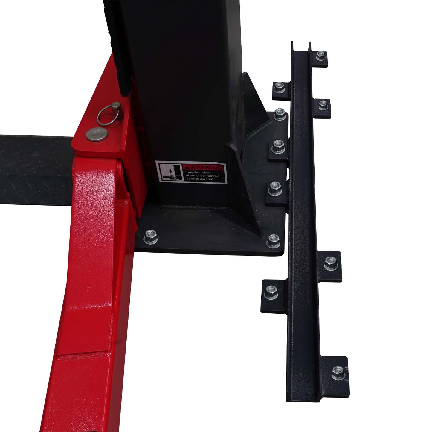 A heavy-duty column support kit, featuring a black steel bracket with multiple bolts, connected to a red baseplate and a vertical black column, complete with a warning label for safe operation. - Column Support Kit