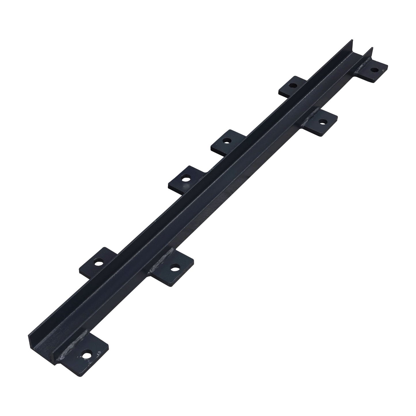 Horizontal black support beam with multiple bolt holes, part of a column support kit, adjacent to a red and black column base with a warning label, on a textured concrete surface. - Column Support Kit