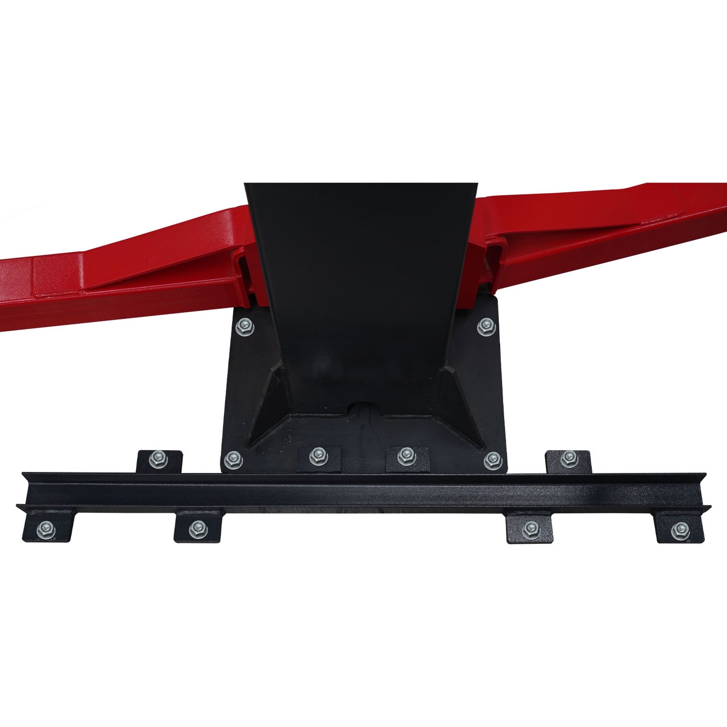 Close-up of the base of a vehicle lift column showing the black support bar with bolted connections, flanked by the red angular arms of the lift structure. - Column Support Kit