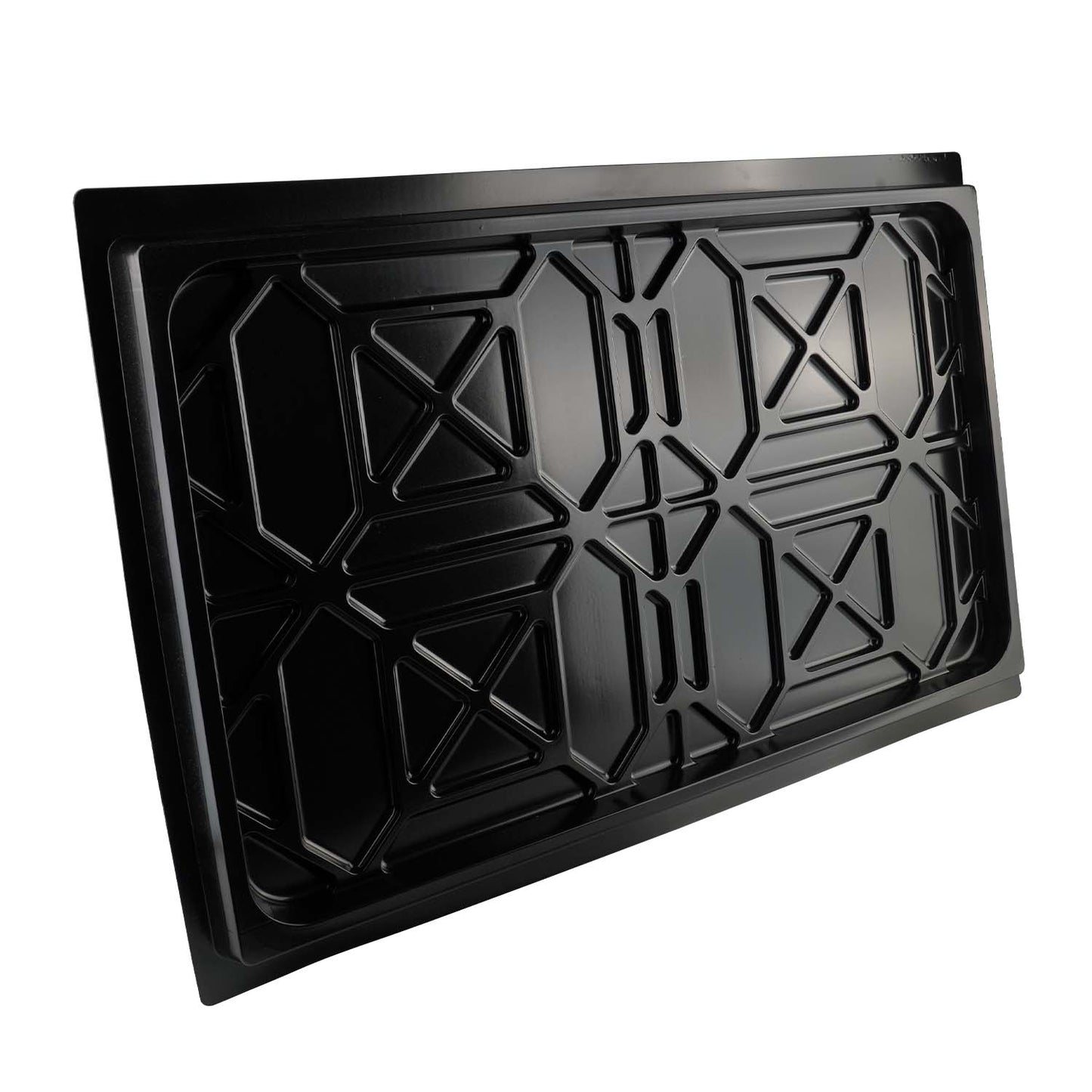 A black drip tray designed for a 4-post car hoist, featuring a raised, geometric pattern for added strength and durability.