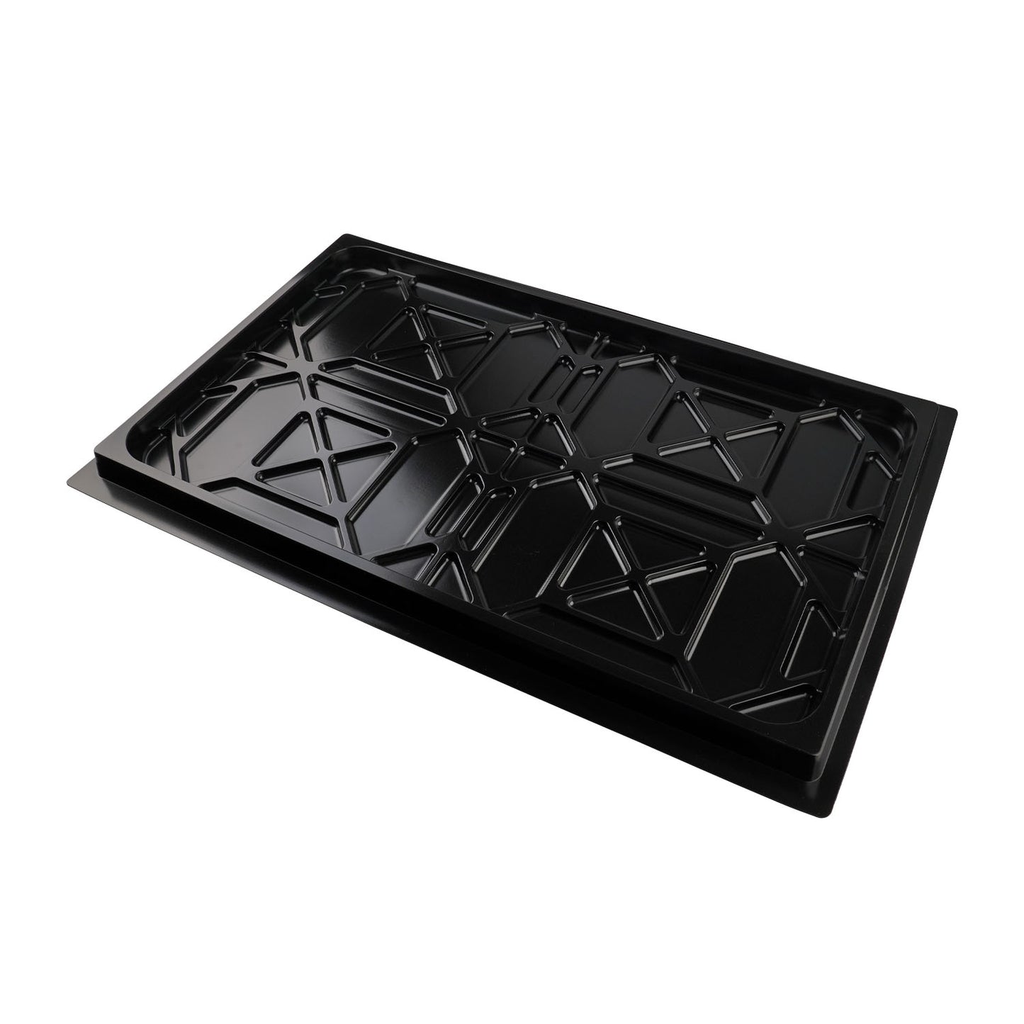 A black drip tray with a geometric, reinforced design, used for 4-post car hoists. The tray is positioned on the hoist, designed to collect fluids during vehicle storage.