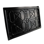 A black drip tray designed for a 4-post car hoist, featuring a raised, geometric pattern for added strength and durability.