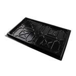 A black drip tray with a geometric, reinforced design, used for 4-post car hoists. The tray is positioned on the hoist, designed to collect fluids during vehicle storage.