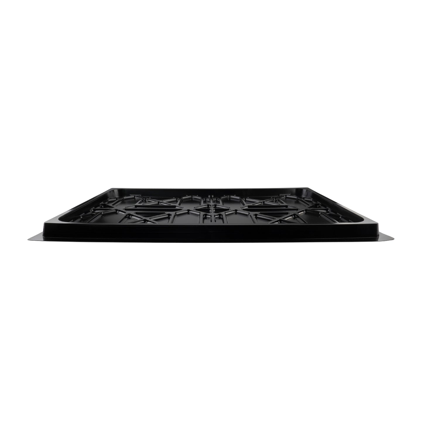 A low-angle view of a black drip tray with a geometric, reinforced design, intended for use with a 4-post car hoist. The tray is designed to catch fluids during vehicle storage.