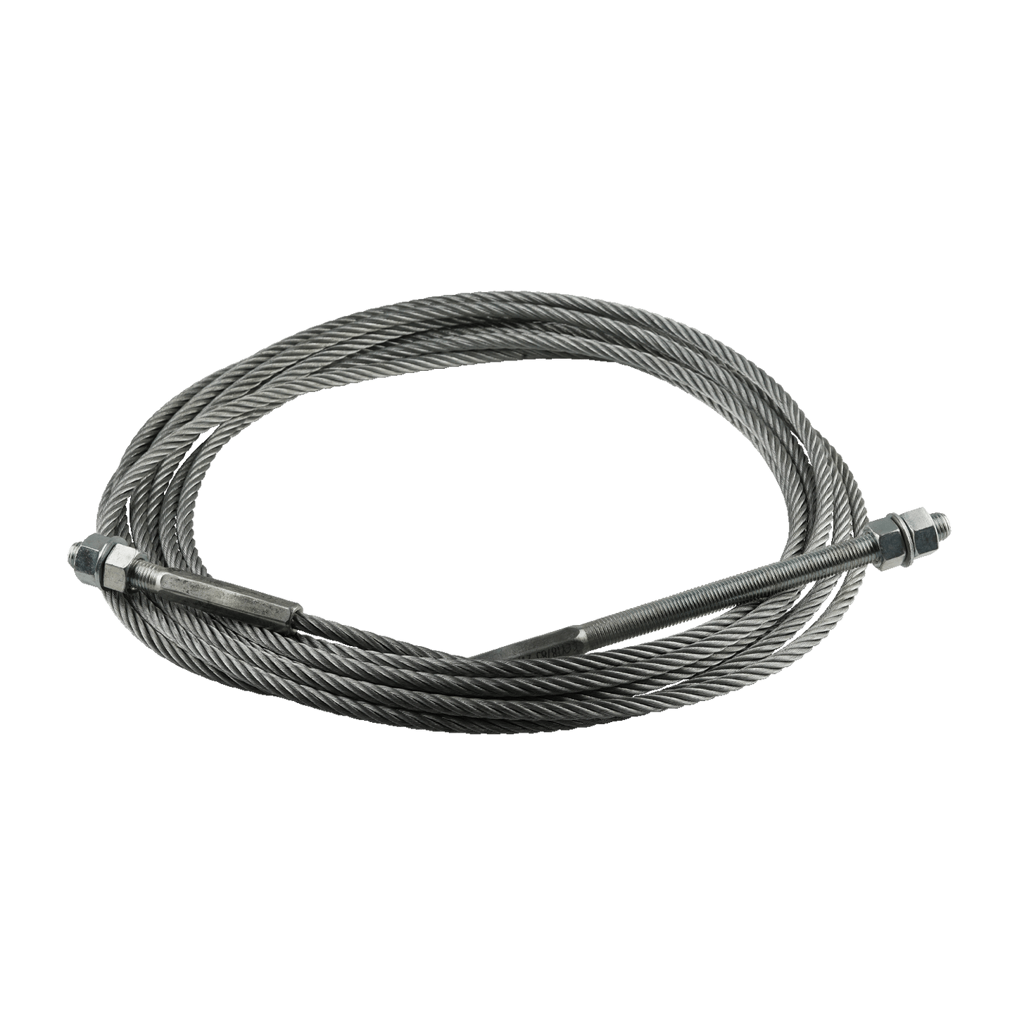 This image shows a coiled EAE 2 Post Hoist Cable with a length of 10,900mm, including the threaded ends. The cable has a 9.52mm diameter and features M16 threads at both ends, suitable for hoist installations and mechanical lifting systems.