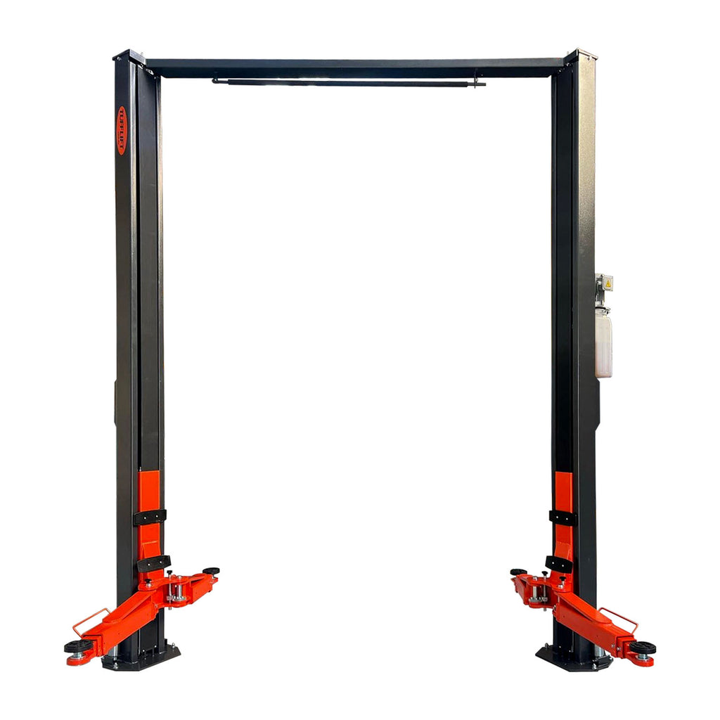 An unoccupied 2 post clear floor car hoist with charcoal grey posts and orange arms on a transparent background. - 2 Post Clear Floor - 5 Ton | EE-6215EKZ