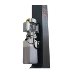 Close-up of the hydraulic motor and oil reservoir on a 2 post car hoist, showcasing the essential components for lifting vehicles in automotive workshops. - 2 Post Hoist – Low Profile Arms 85mm – Clear Floor – 4.2 Ton | EE-62C.42.T.LPA