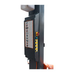 Close-up side view of a 2 post car hoist column featuring a hydraulic motor and control panel, used for lifting vehicles in professional automotive garages. - 2 Post Hoist – Low Profile Arms 85mm – Clear Floor – 4.2 Ton | EE-62C.42.T.LPA