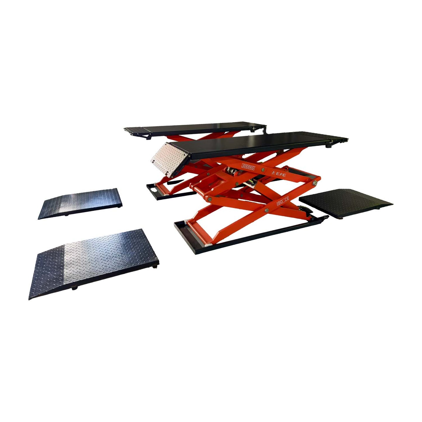 Orange scissor lift in a lowered position with grey platforms and ramps, designed for vehicle lifting and servicing.