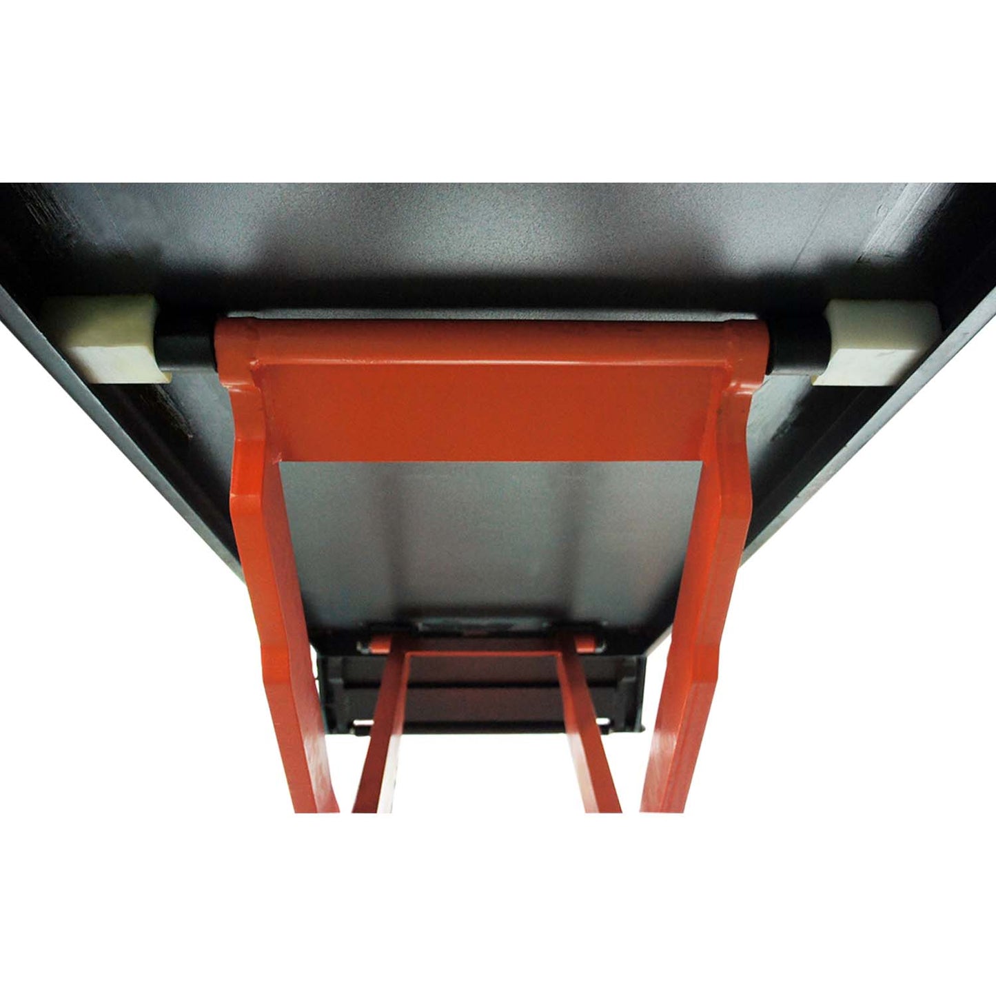 Close-up view of the underside of a scissor lift platform, showing the sturdy orange frame and support structure