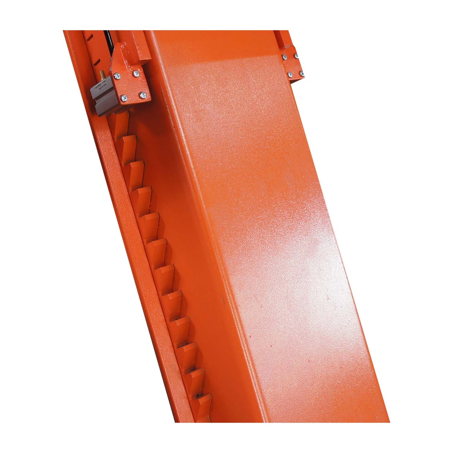 Close-up of the orange locking mechanism on a scissor lift, featuring a notched design for securing the lift at various heights.