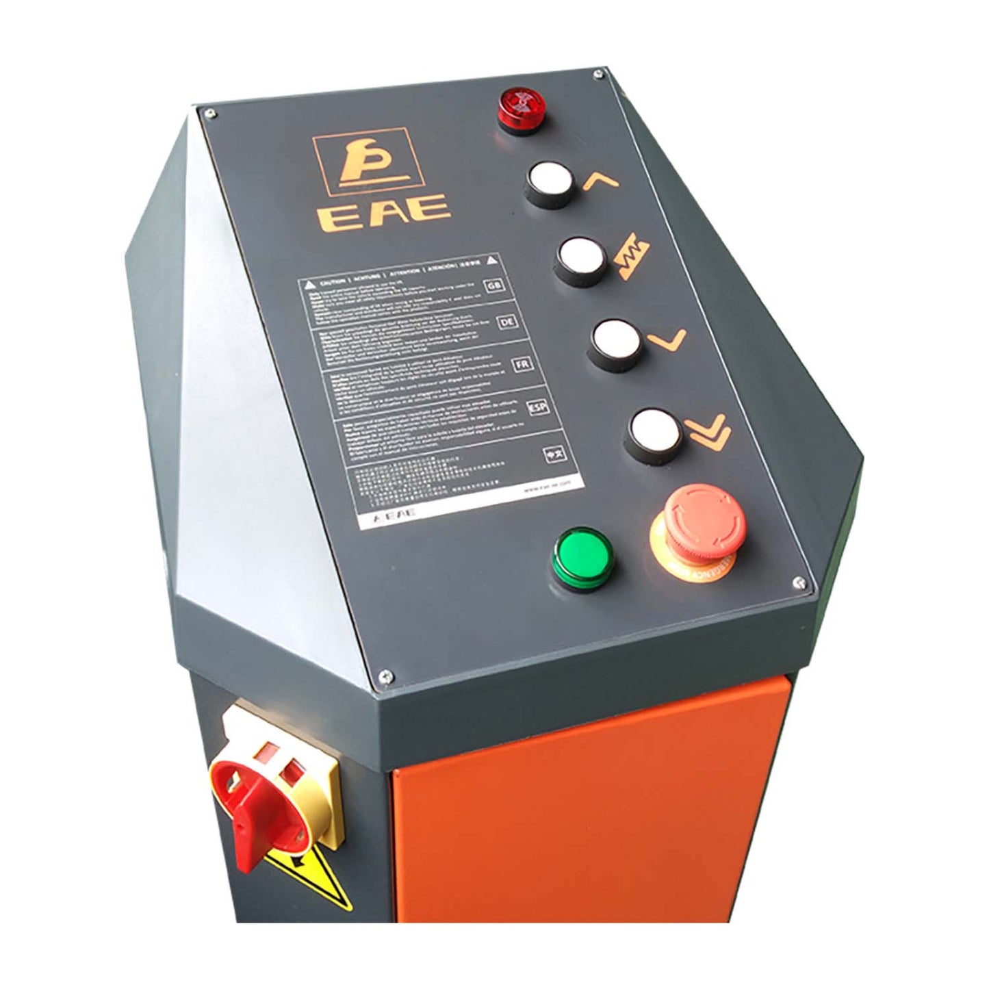 Control panel for a scissor lift, featuring buttons for raising and lowering the platform, along with emergency stop and power switches.