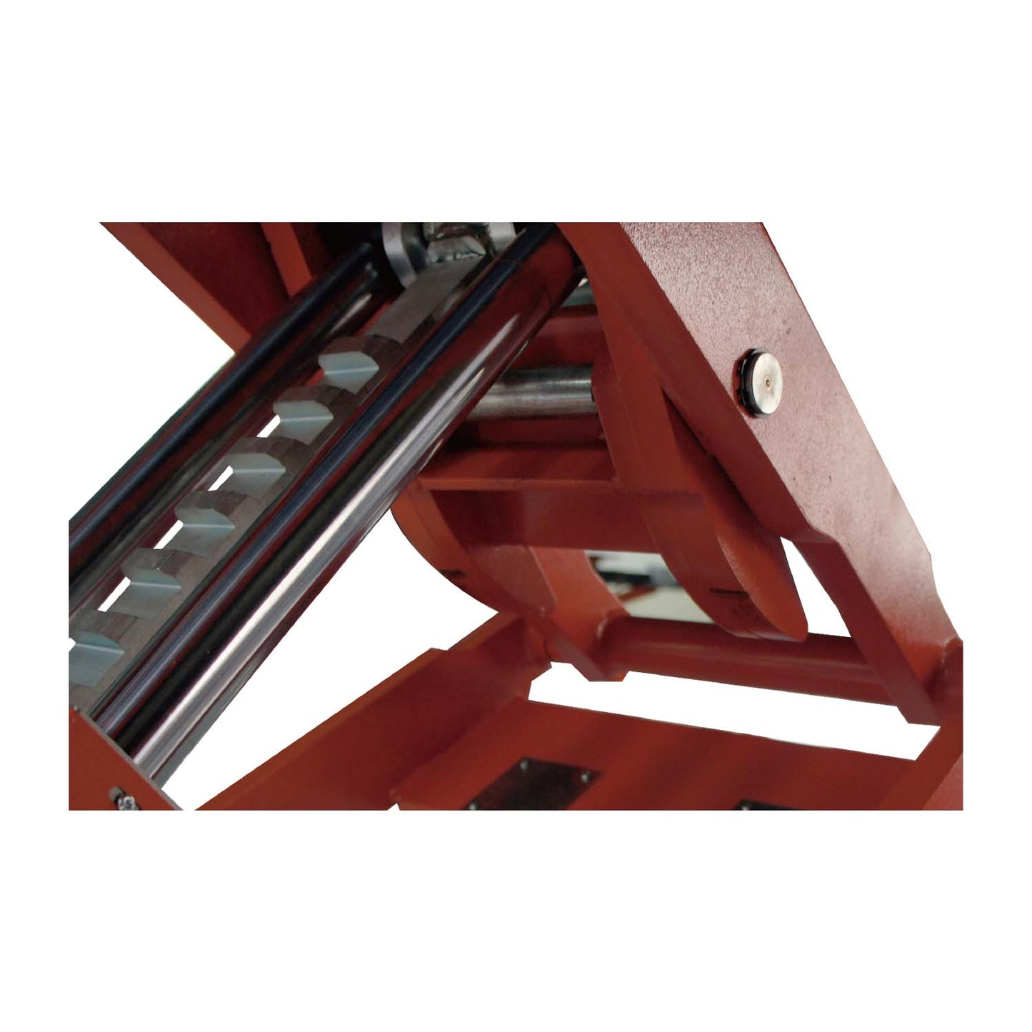 Close-up of the internal lifting mechanism of a scissor lift, featuring sturdy metal components and a notched rail for adjusting height.