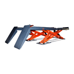Alignment scissor lift with orange supports and black platforms, designed for precise vehicle alignment and lifting.
