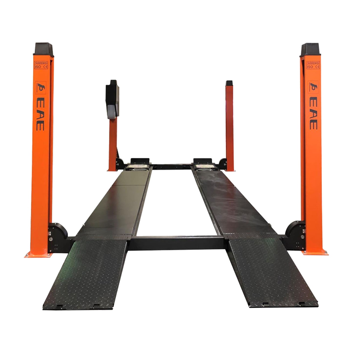 Front view of a four-post car lift with orange columns and drive-on ramps, designed for efficient vehicle servicing and maintenance. - 4 Post Wheel Alignment Hoist - 4 Ton | EE-6435V2.B.48L.40T