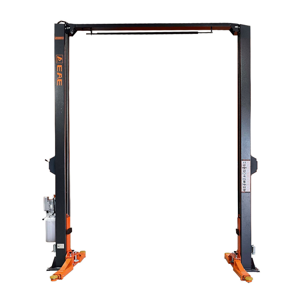 2 post clear floor car hoist with a dark grey frame and orange adjustable arms, designed for efficient vehicle lifting and maintenance in automotive workshops. - 2 Post Hoist Clear Floor - Extra High - 4.5 Ton | EE-C10-H