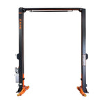 2 post clear floor car hoist with a dark grey frame and orange adjustable arms, designed for efficient vehicle lifting and maintenance in automotive workshops. - 2 Post Hoist Clear Floor - Extra High - 4.5 Ton | EE-C10-H