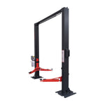 Two post car lift with a sturdy dark grey frame and red adjustable arms, used for securely lifting vehicles in maintenance and repair shops. - 2 Post Clear Floor Hoist - 4.5 Ton | EE-C10V2