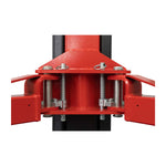 Close-up of the joint mechanism on a two-post car hoist with red metal components, springs, bolts, and pivot points, showing robust construction and arm adjustability. - 2 Post Clear Floor Hoist - 4.5 Ton | EE-C10V2