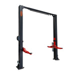Tufflift two-post clear floor car hoist with low-profile arms. This heavy-duty vehicle lift features durable steel construction, an overhead beam for unobstructed floor space, and adjustable arms for versatile vehicle servicing. Ideal for automotive repairs, maintenance, and professional or home garage use.