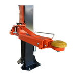 Close-up of an orange adjustable arm on a two post car hoist, featuring a yellow pad for vehicle support, with a dark grey post. - 2 Post Car Hoist - Low Profile Arms 85mm - Clear Floor - 4 Ton | EE-C9LPA