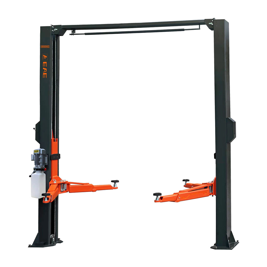 A 2 post car hoist with a clear floor design, featuring robust dark grey vertical columns and vibrant orange lifting arms, engineered for efficient vehicle lifting and workspace optimization. - 2 Post Clear Floor Hoist - 4 Ton | EE-C9