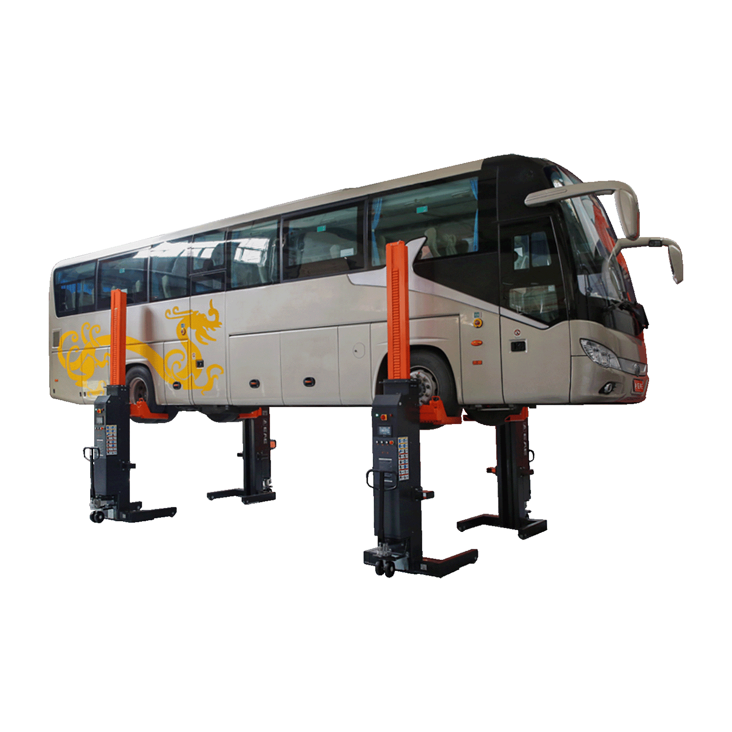 Large bus elevated on four mobile column lifts, demonstrating the strength and capacity of the hoists for heavy vehicles.