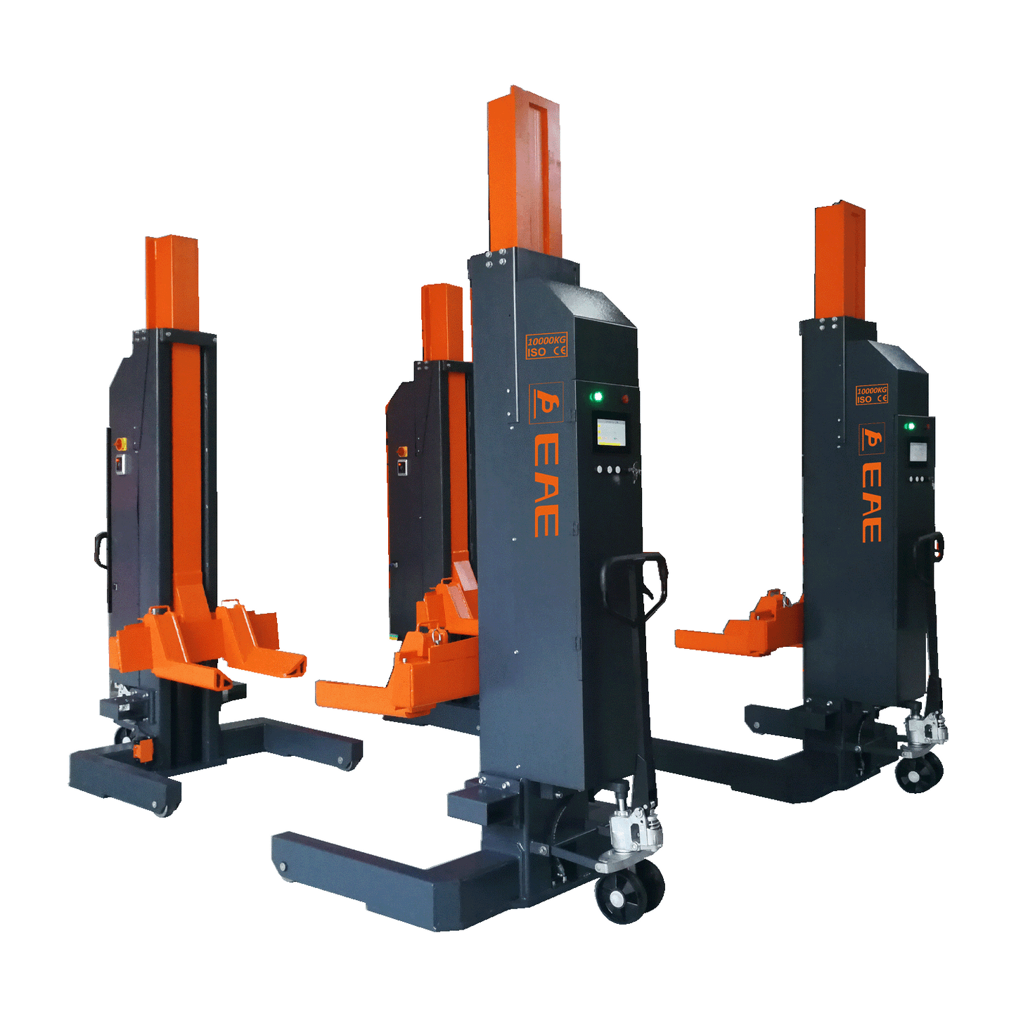 Three mobile column lifts with orange arms and black bodies, designed for lifting heavy vehicles.