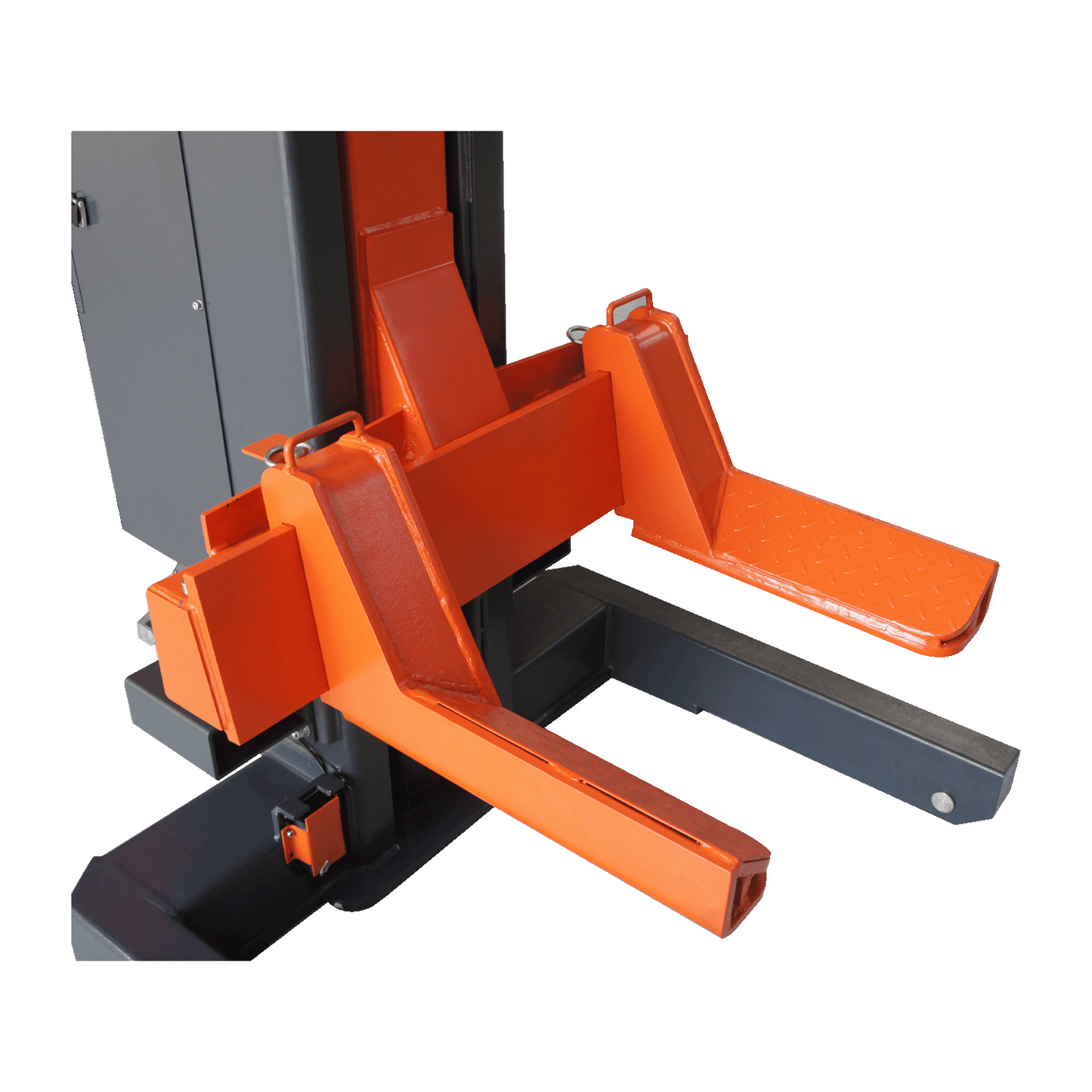 Close-up of the lifting arms on a mobile column lift, showcasing the robust orange and black design for heavy-duty vehicle lifting