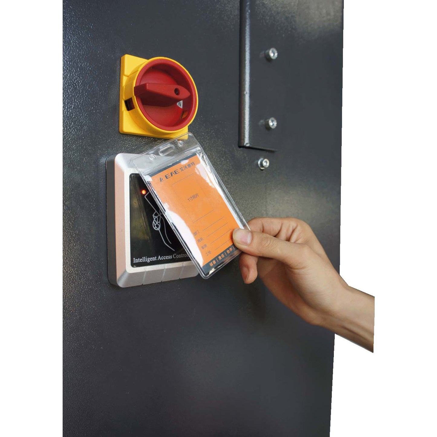 Person using an access control card on a mobile column lift, highlighting the security and control features of the equipment.