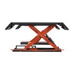 Side view of an orange EAE hydraulic scissor lift, in a raised position. The lift has a 3500kg lifting capacity as marked on the frame, with grey textured platforms for vehicle support.