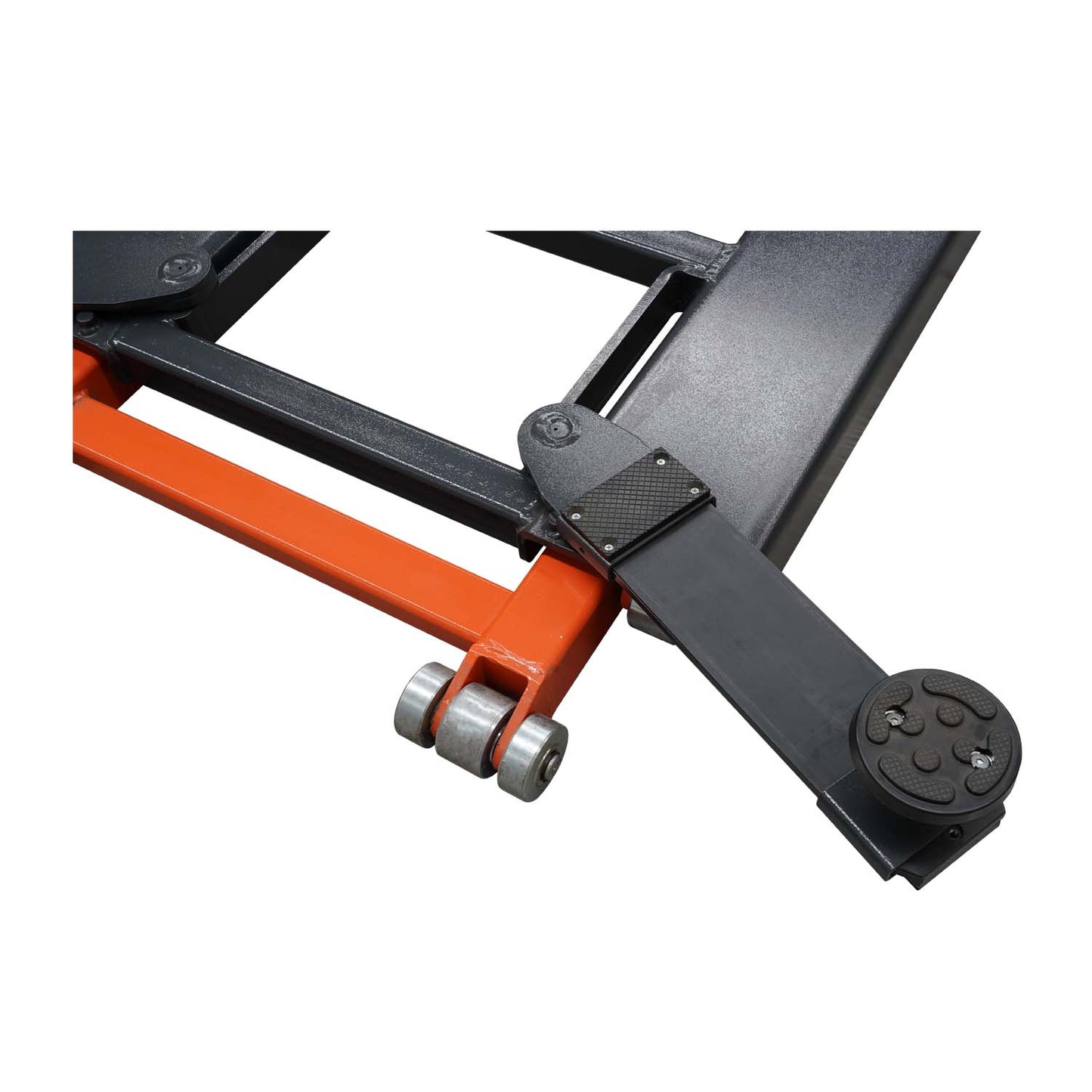 A close-up of the corner section of an orange and black EAE hydraulic scissor lift, focusing on the roller wheels and one of the adjustable lifting arms with a circular pad.