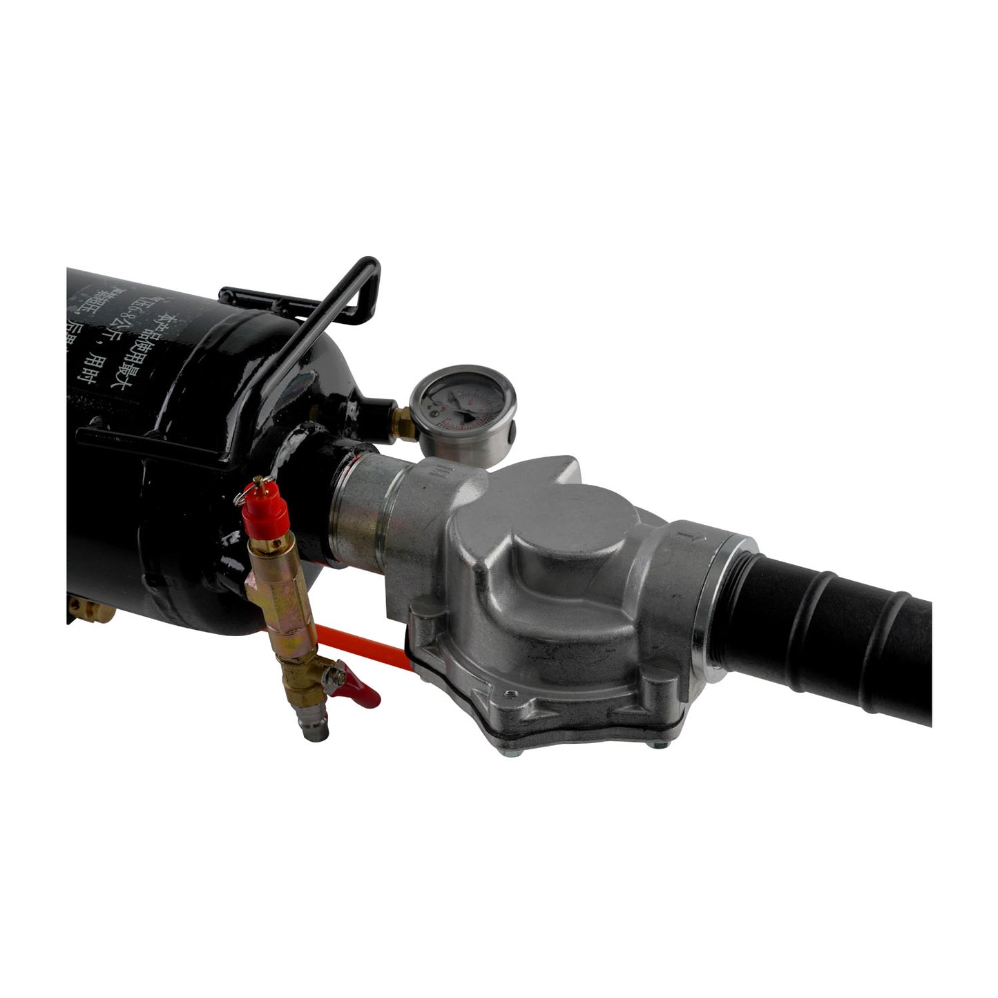 Close-up of the valve assembly on a Tyre Explosion 8L device, highlighting the pressure gauge, metal connectors, red safety valve, and textured grip handle for precise tire inflation and bead seating.