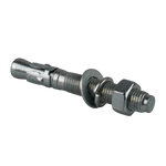 This image depicts an anchor bolt assembly, labeled as M20x150mm, consisting of a threaded bolt, washer, lock washer, and nut. The expanding sleeve section is visible, which indicates that this is likely used for securing heavy structures, such as a car hoist, into concrete or other solid surfaces.