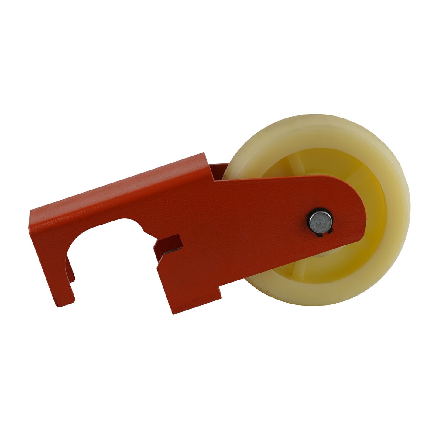 Close-up of a heavy-duty caster wheel with an orange bracket and yellow wheel, designed for mobility on lifting equipment