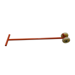An orange T-handle with dual yellow wheels, designed for maneuvering heavy equipment such as scissor lifts.