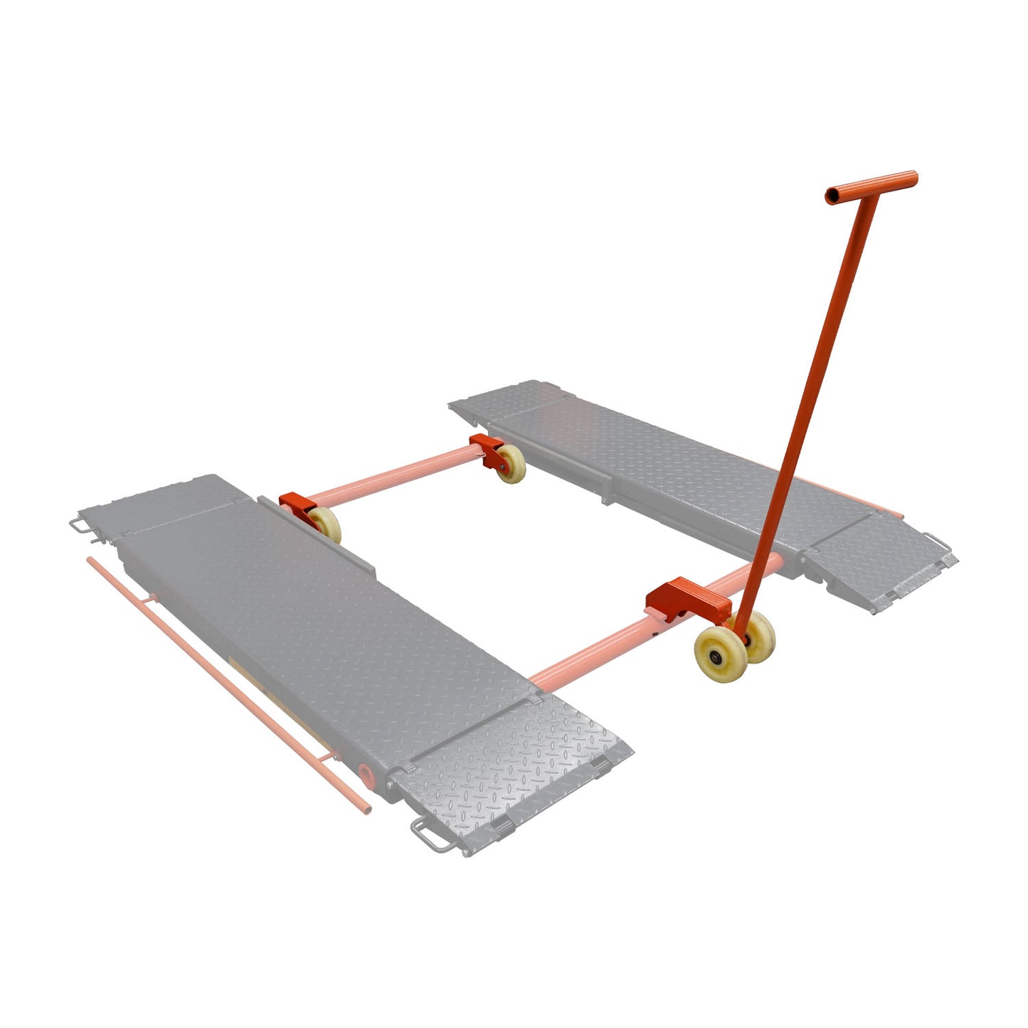 Mobile scissor lift kit assembled with orange bars and yellow casters on a checkered platform, tool handle in place