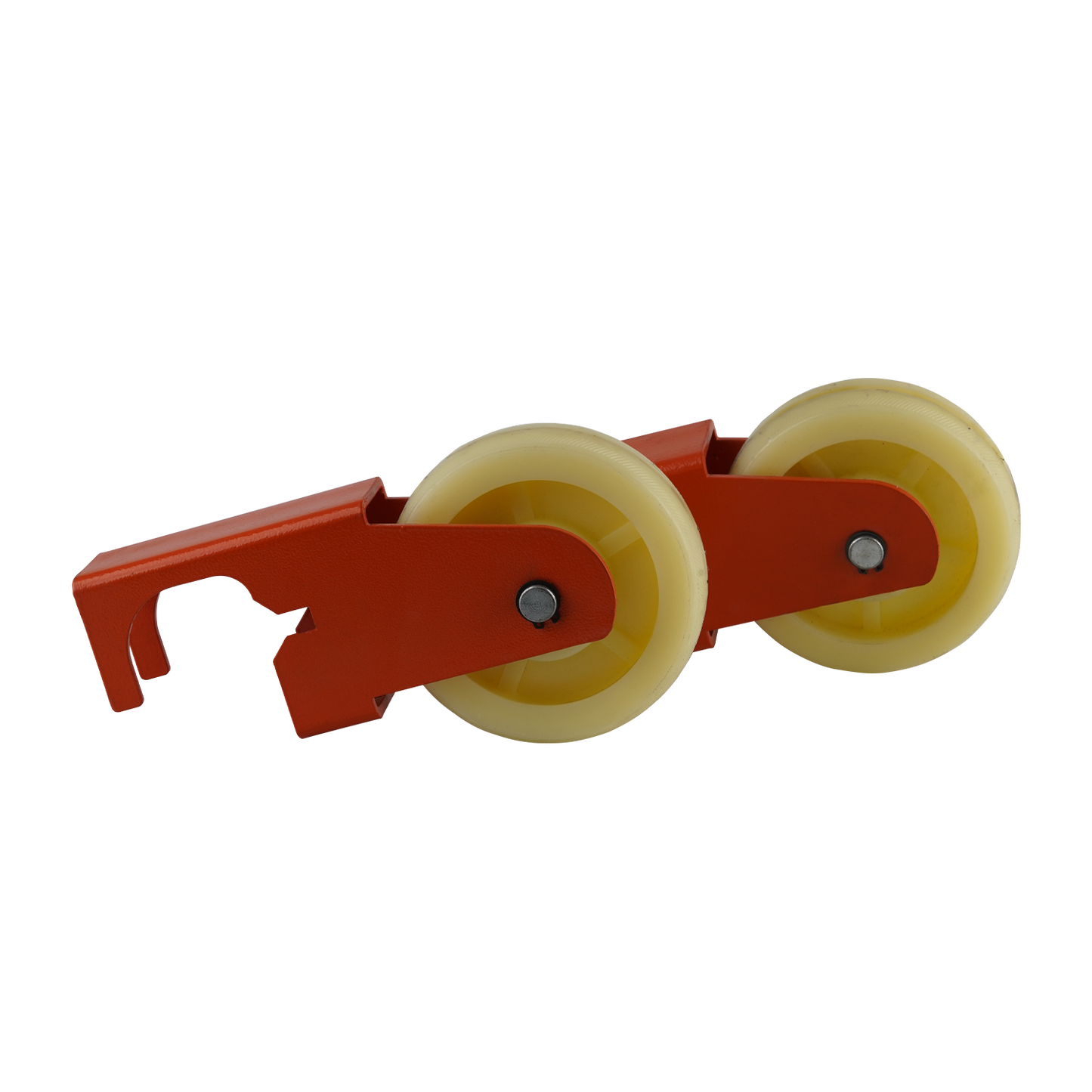 Orange bracket with dual yellow caster wheels, part of a mobile kit for a scissor lift, displayed against a transparent background.