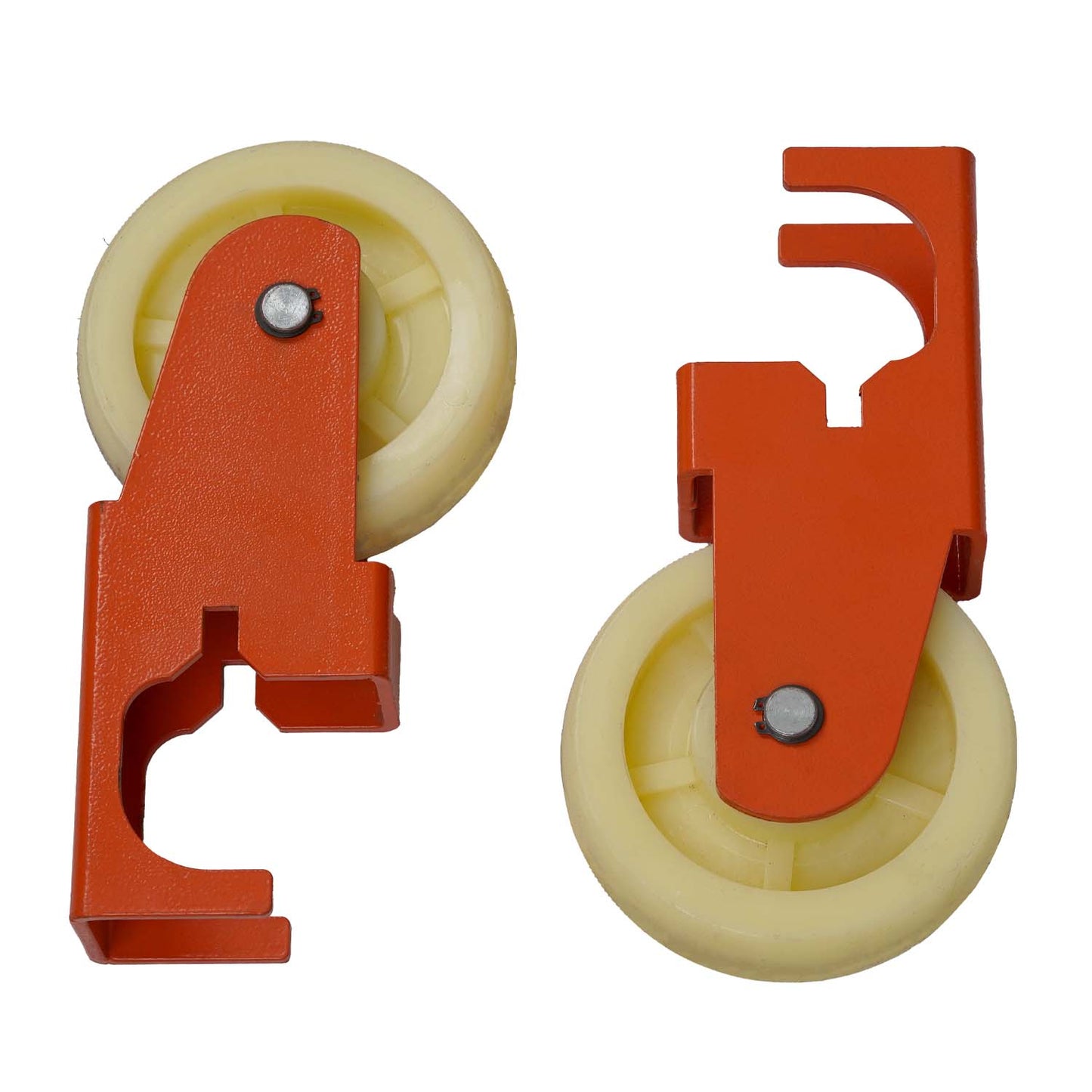 Two orange caster brackets with yellow wheels, designed for easy mobility of heavy-duty equipment such as scissor lifts or hoists.