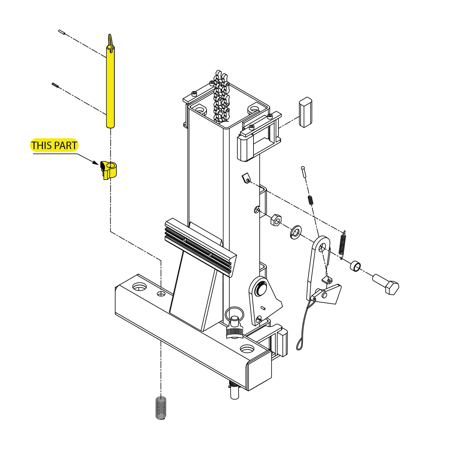technical illustration of a hoist arm assembly. The drawing highlights a small yellow component labeled 'THIS PART,' which is the arm lock pin. The image shows surrounding hardware including chains, washers, bolts, and brackets in disassembled view. Arm Pin TL4.0OHDI & TL4.0BPDI