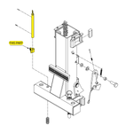 technical illustration of a hoist arm assembly. The drawing highlights a small yellow component labeled 'THIS PART,' which is the arm lock pin. The image shows surrounding hardware including chains, washers, bolts, and brackets in disassembled view. Arm Pin TL4.0OHDI & TL4.0BPDI