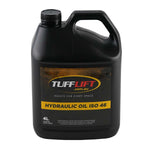 4-liter blue container of TuffLift Hydraulic Oil ISO 46, a premium-grade, zinc-fortified hydraulic fluid suitable for various hydraulic applications requiring ISO 46. The label includes a graphic of a hydraulic fitting and the TuffLift logo with the tagline 'Hoists for Every Space.