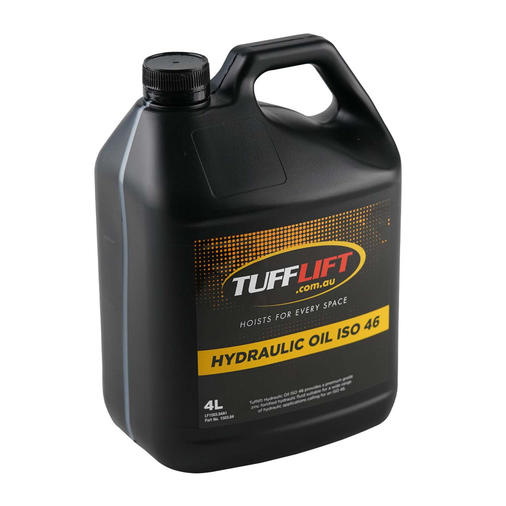 Angled view of a 4-liter blue TuffLift Hydraulic Oil ISO 46 container, featuring a label that promotes premium-grade, zinc-fortified hydraulic fluid for applications requiring ISO 46. The label includes the TuffLift logo and an illustration of a hydraulic fitting.
