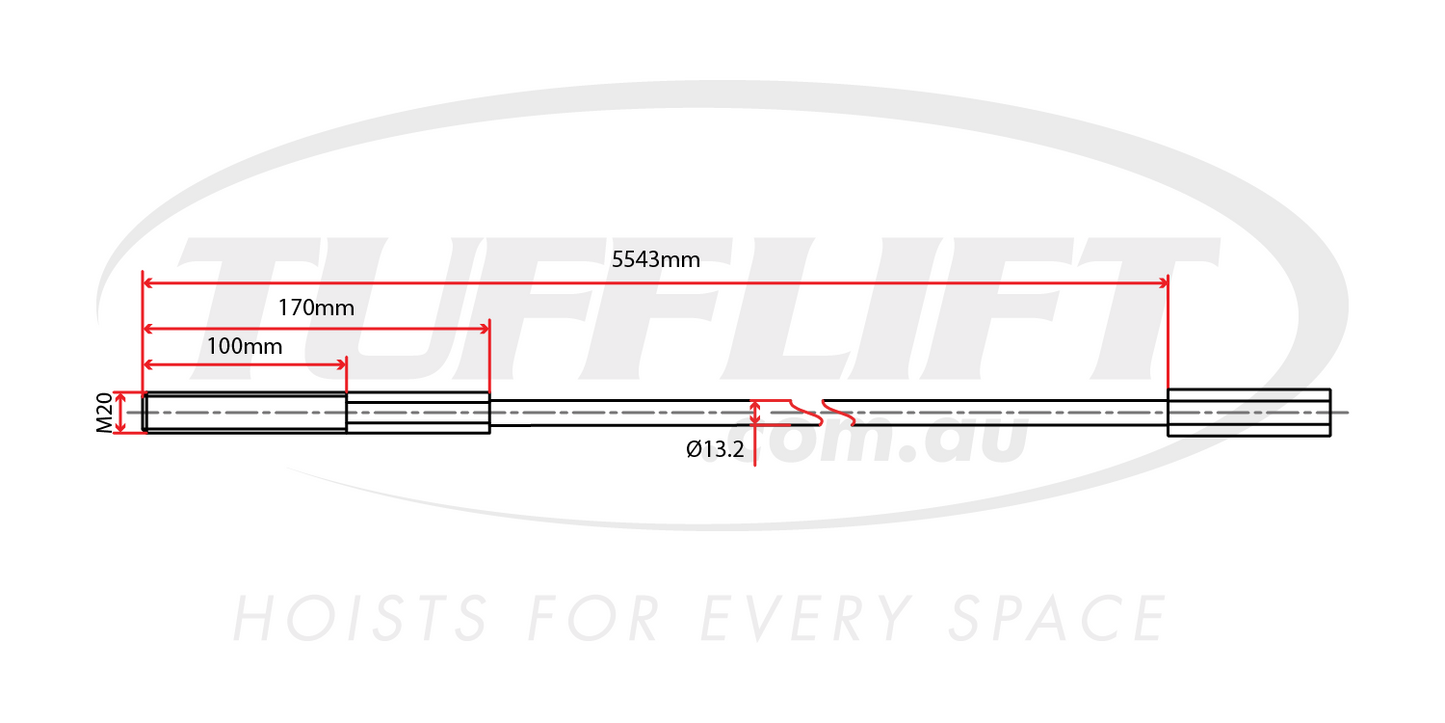 Technical drawing of a hoist cable measuring 5543mm in length, with an M20 thread and a diameter of 13.2mm.