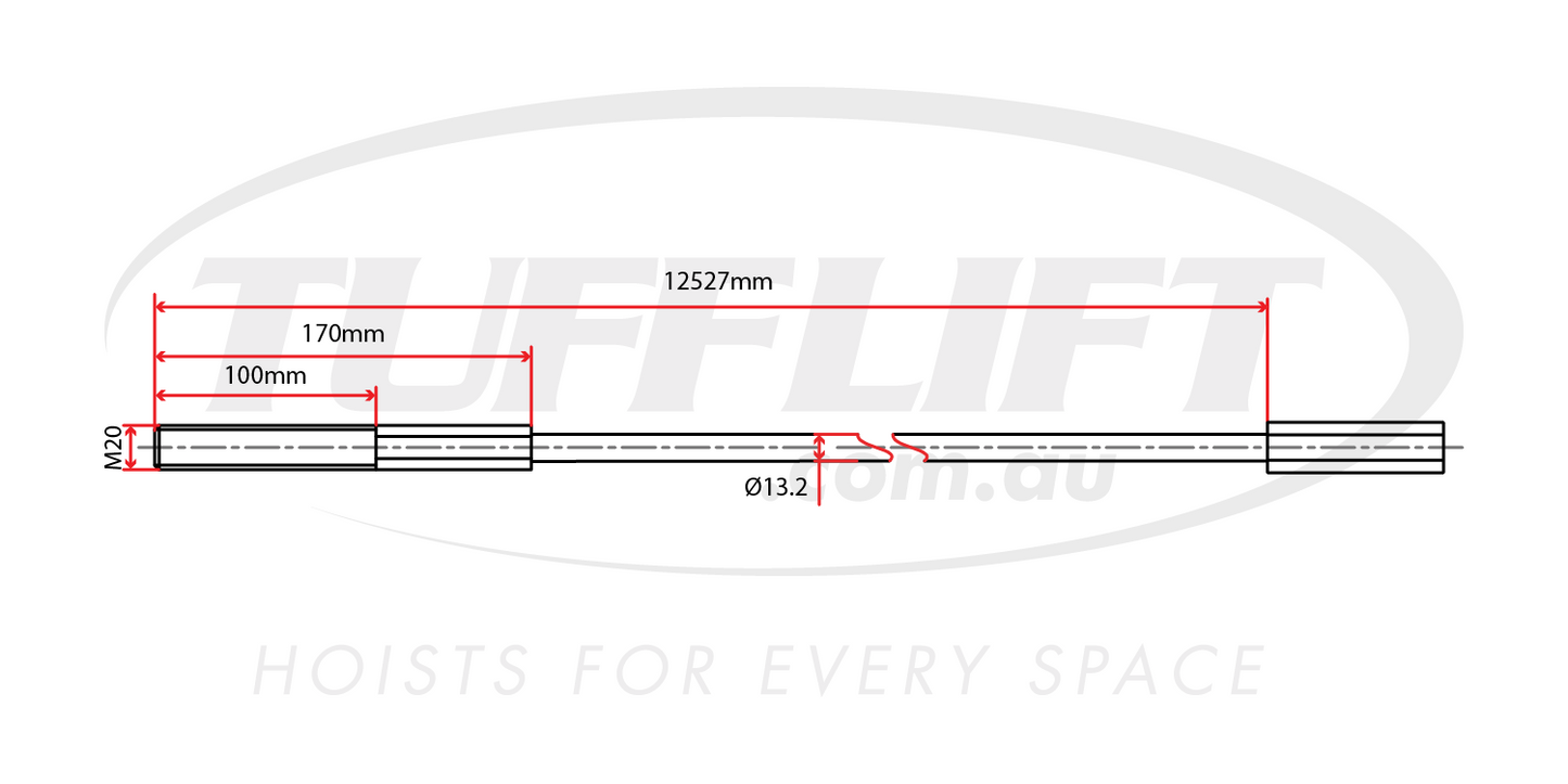 Technical drawing of a hoist cable measuring 12527mm in length, featuring an M20 thread and a diameter of 13.2mm.