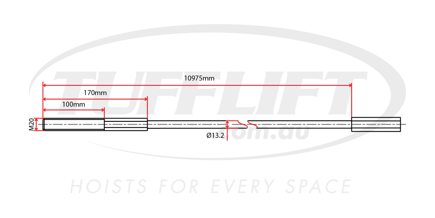Technical drawing of a hoist cable measuring 10975mm in length with an M20 thread and a 13.2mm diameter.