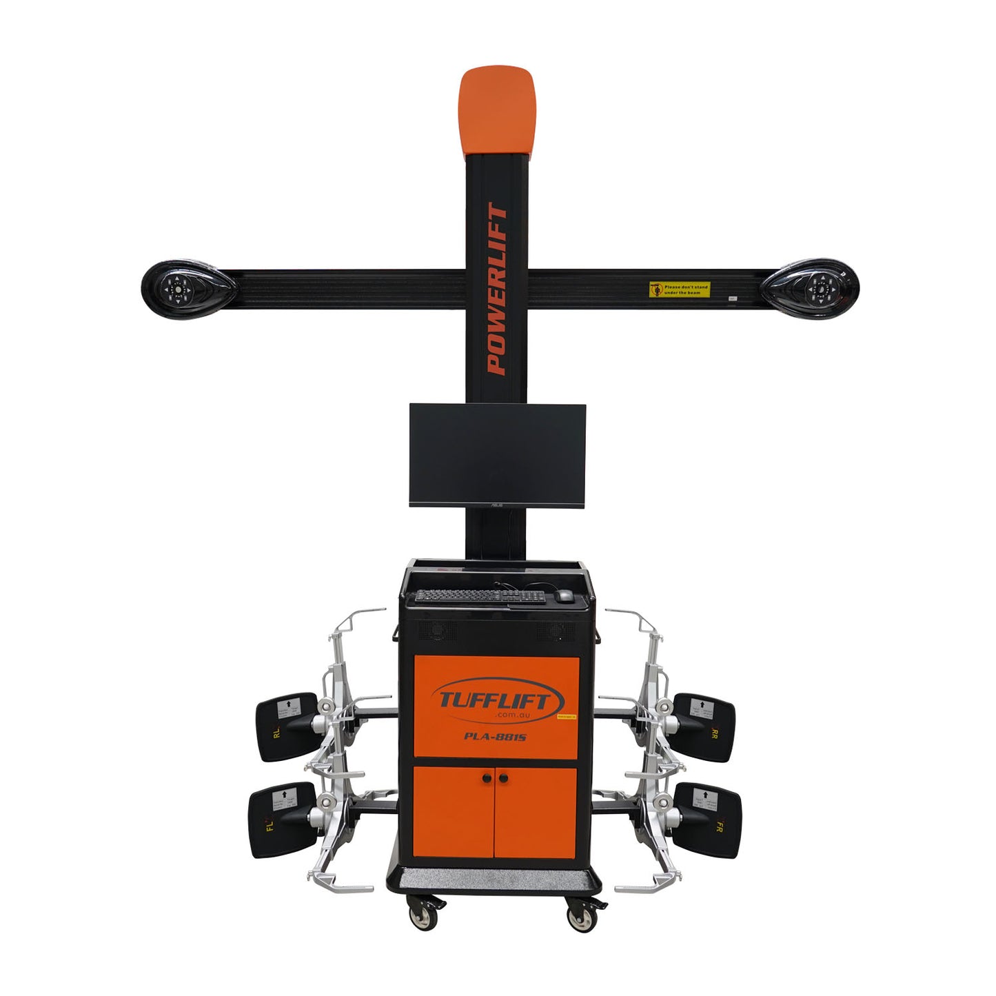 PowerLift PLA-881S alignment machine from TuffLift, featuring a sleek design with an orange and black color scheme, a central display screen, and advanced vehicle alignment sensors.