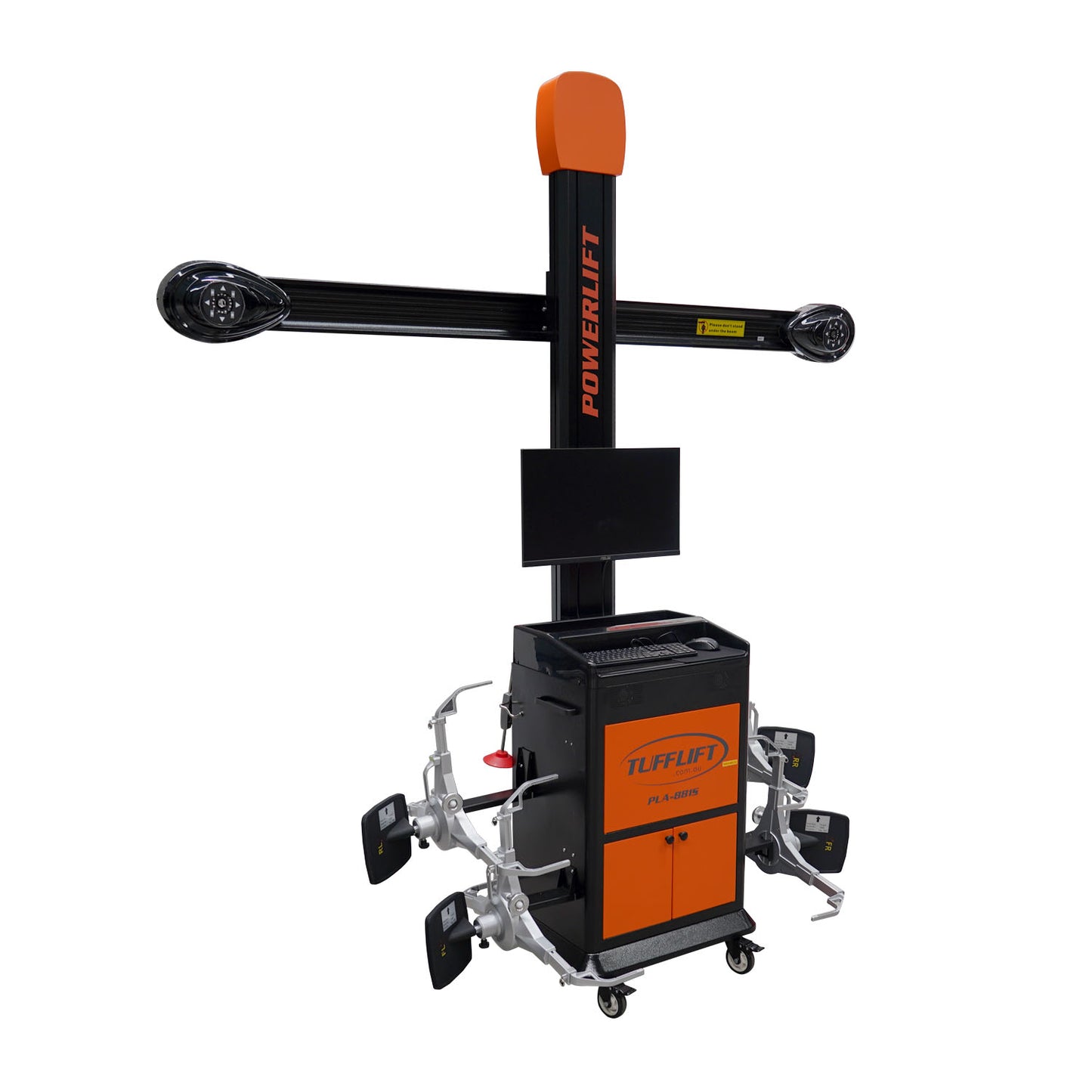 PowerLift PLA-881S alignment system by TuffLift, showcasing its robust design with orange and black accents, equipped with precision vehicle alignment sensors and a mounted display screen,